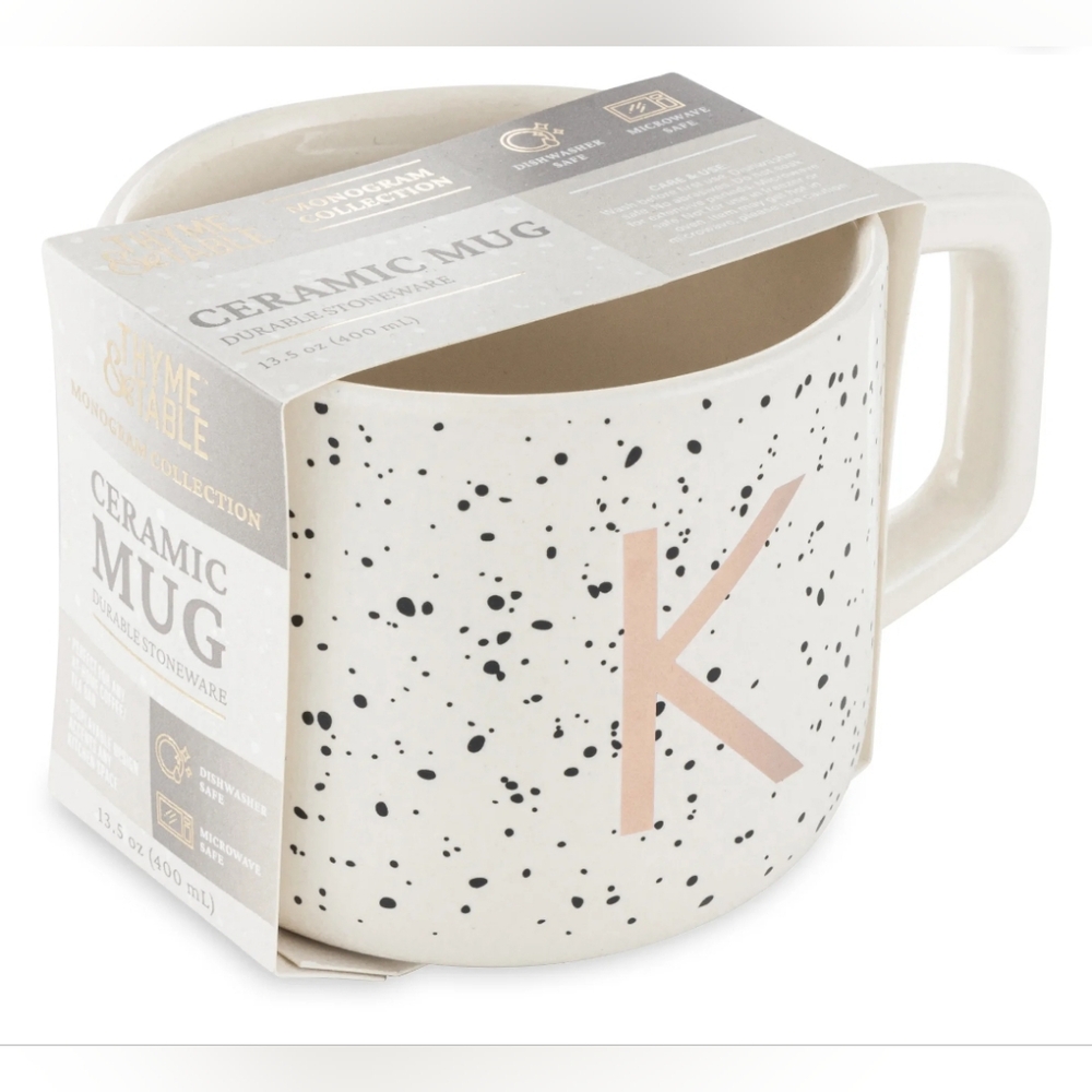 🆕Thyme & Table 13.5 fl oz Monogram "K" White Speckled Stoneware Mug